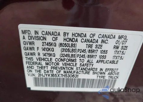 2007 Honda Ridgeline Rtl из США, поврежденный, VIN 2HJYK165X7H530631